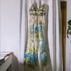 Sue Wong Cream and Blue Maxi Dress